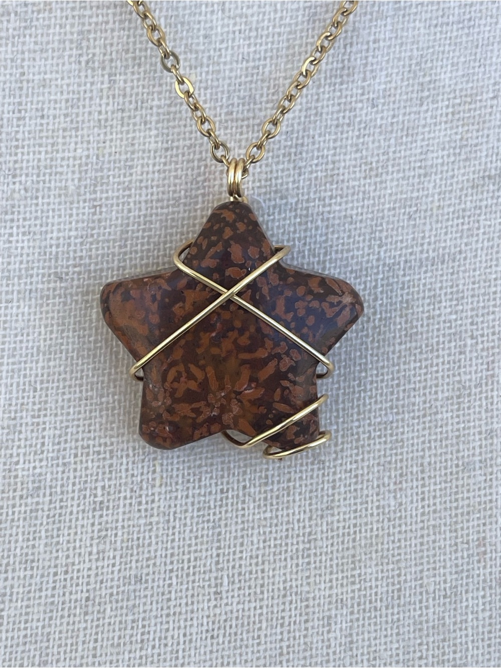 Star Burst Jasper Brown Pendant Necklace - Gold Wire Wrap Handcrafted